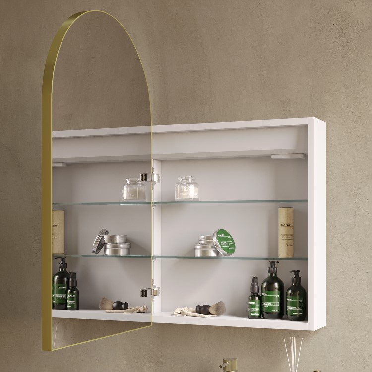 Single Door Brass Bathroom Mirror Cabinet with Lights Demister & Shaver Socket 500 x 800mm - Empire