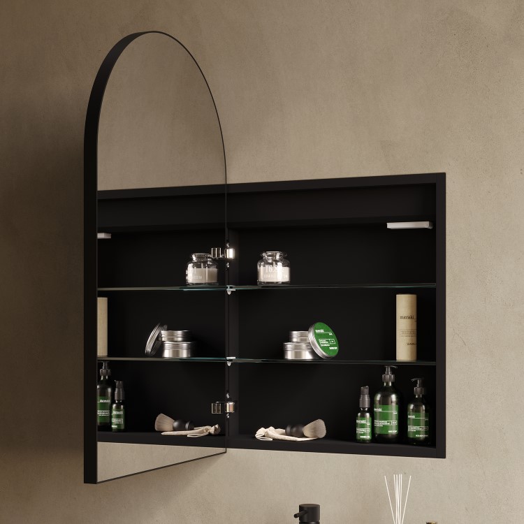 Single Door Black Bathroom Mirror Cabinet with Lights Demister & Shaver Socket 500 x 800mm - Empire