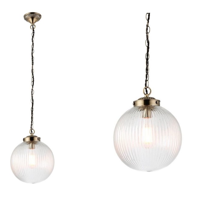 Brass & Ribbed Glass Ball Pendant Light - Brydon