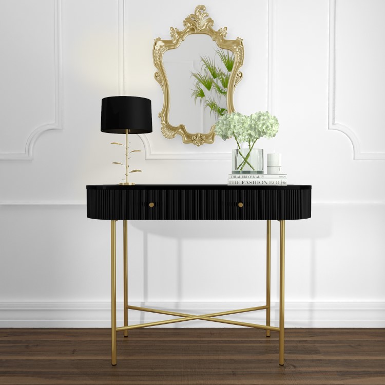 Enzo Groove Detail 2 Drawer Dressing Table in Black and Gold - Art Deco Style