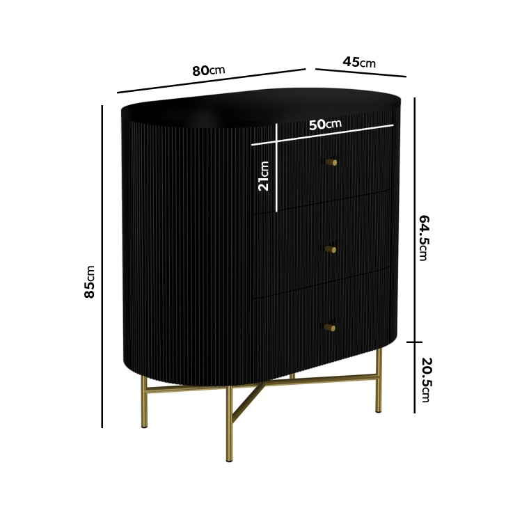 Curved Black Art Deco Chest of 3 Drawers - Enzo