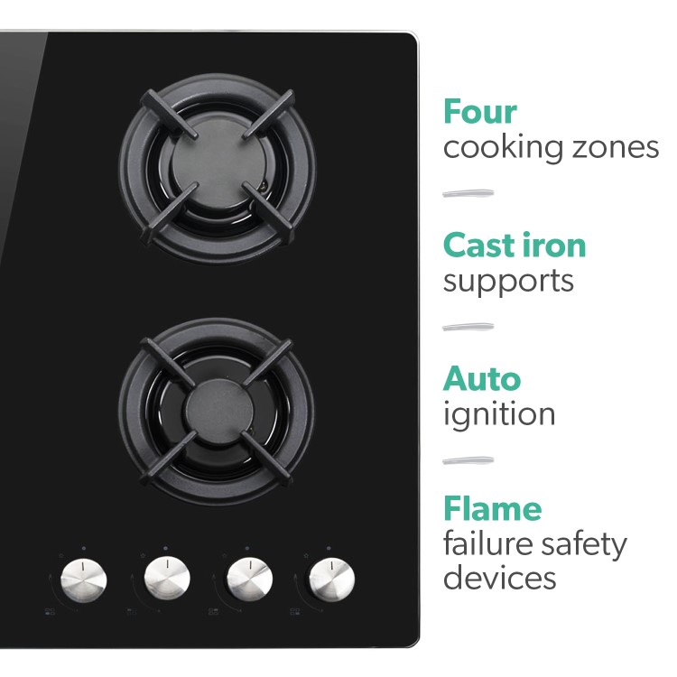 electriQ 60cm 4 Burner Gas on Glass Hob - Black