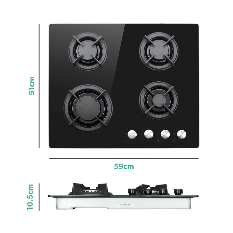 electriQ 60cm 4 Burner Gas on Glass Hob - Black