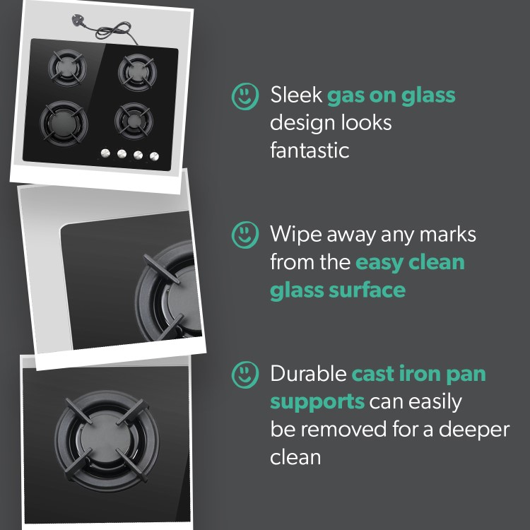 electriQ 60cm 4 Burner Gas on Glass Hob - Black