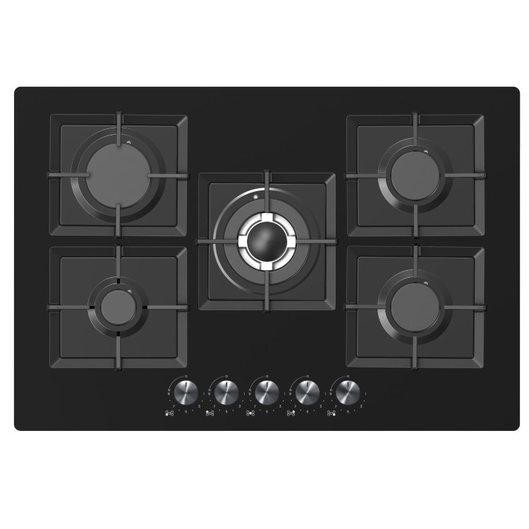 electriQ 75cm 5 Burner Gas on Glass Hob - Black