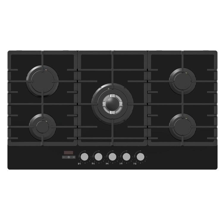 electriQ 90cm 5 Burner Gas on Glass Hob - Black