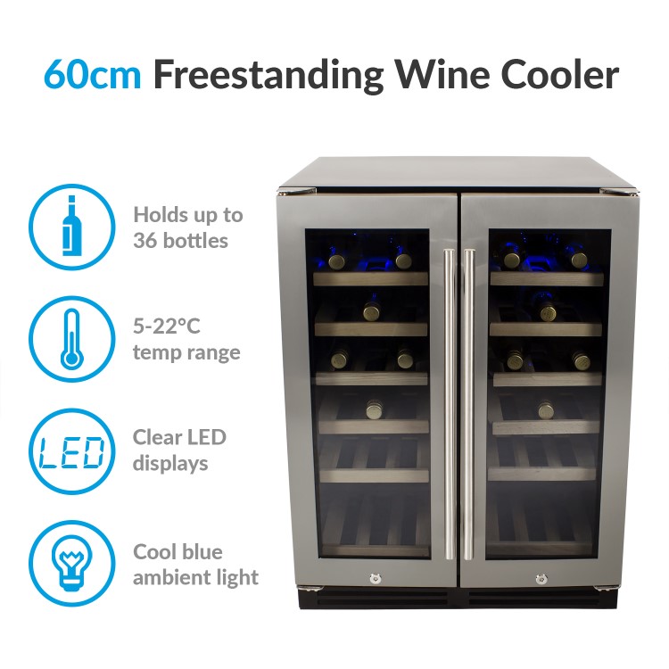 Refurbished electriQ EQWINE60SDD 36 Bottle Full Range Dual Zone Freestanding Wine Cooler Stainless Steel