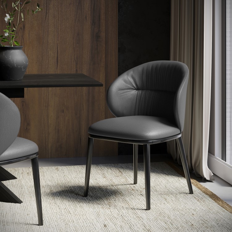 Charcoal Real Leather Dining Chair with Black Legs - Eren