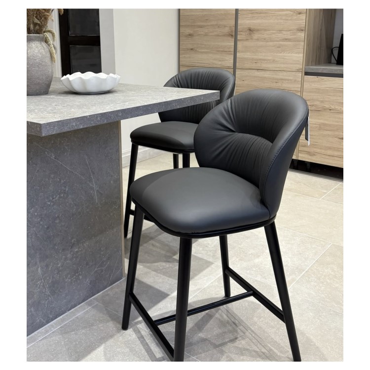 Grey Real Leather Dining Chair with Black Legs - Eren