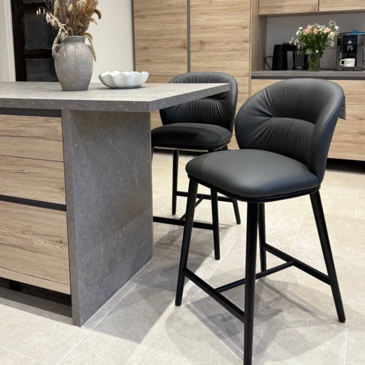 Grey Real Leather Kitchen Stool with Black Legs - Eren