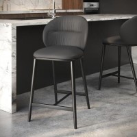 Charcoal Real Leather Kitchen Stool with Black Legs - Eren