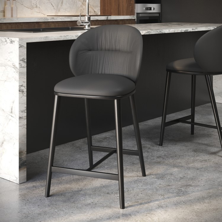 Charcoal Real Leather Kitchen Stool with Black Legs - Eren