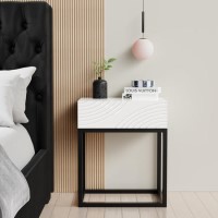 Black and White Gloss Patterned Bedside Table with Drawer - Erin