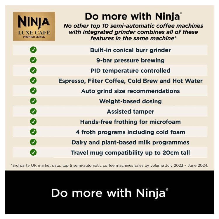 Ninja ES601UKBK Luxe Café Premier – 3-in-1 Bean-to-Cup Espresso Machine with Integrated Grinder & Milk Frother