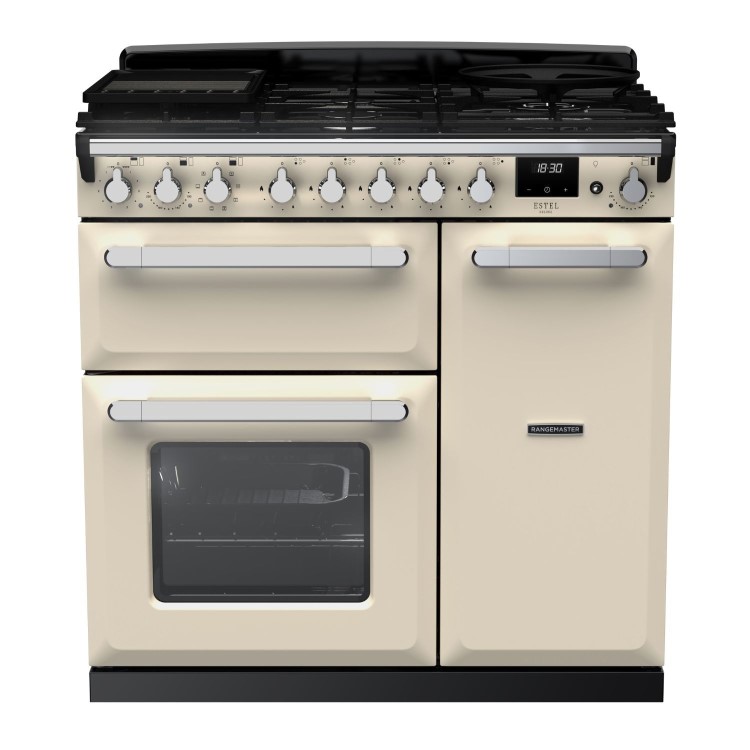 Rangemaster Estel Deluxe 90cm Dual Fuel Range Cooker - Pale Cream + Chrome