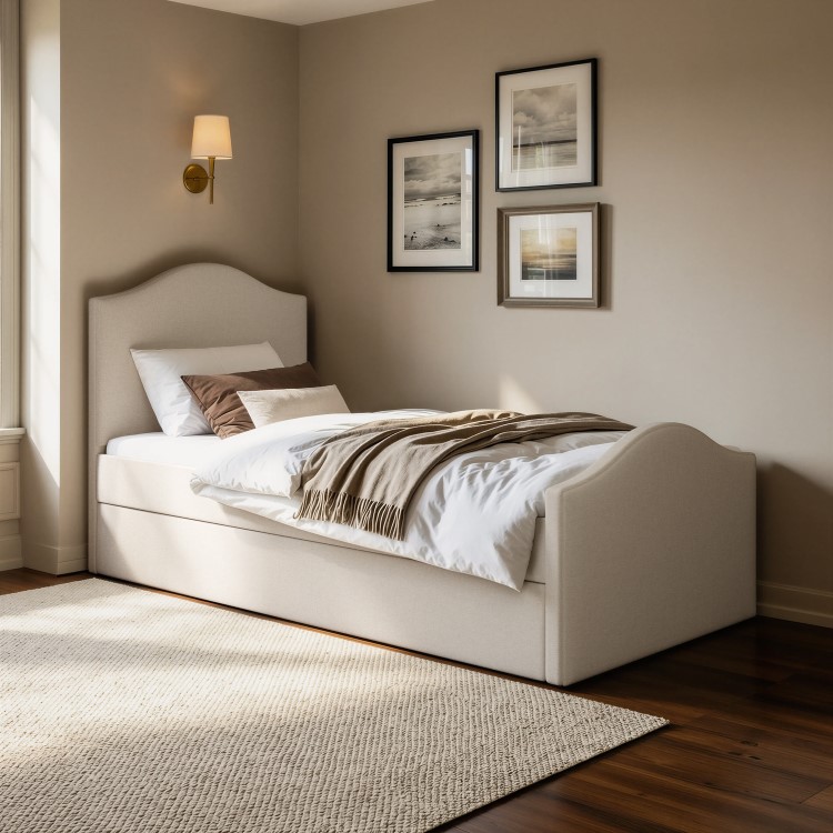 Cream Upholstered Single Guest Bed with Trundle - Elsie