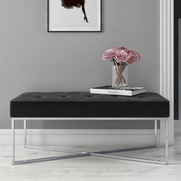 Esme Quilted Velvet Bench in Dark Grey with Criss-cross Silver Legs