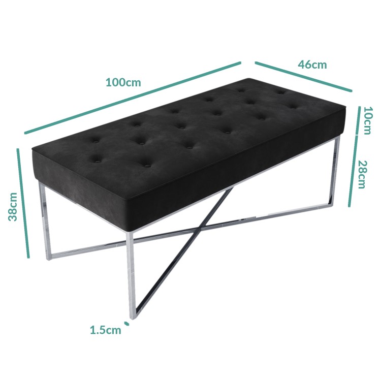 Esme Quilted Velvet Bench in Dark Grey with Criss-cross Silver Legs