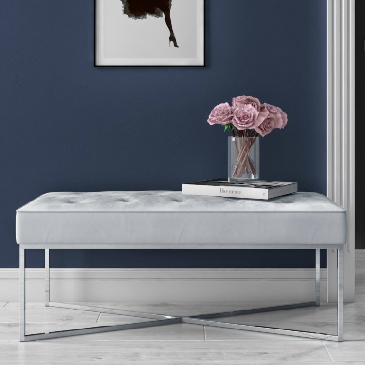 Esme Quilted Velvet Hallway Bench in Silver Grey