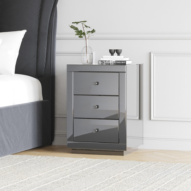Grey Mirrored 3 Drawer Bedside Table - Eva