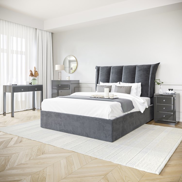 Grey Mirrored 3 Drawer Bedside Table - Eva