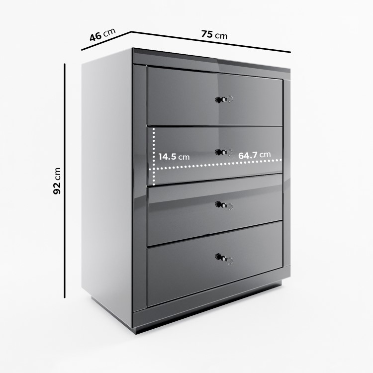 Grey Mirrored Chest of 4 Drawers - Eva