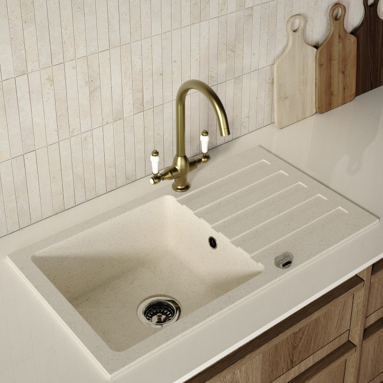 Brass Traditional Monobloc Kitchen Mixer Tap with Dual White Levers - Enza Evelyn