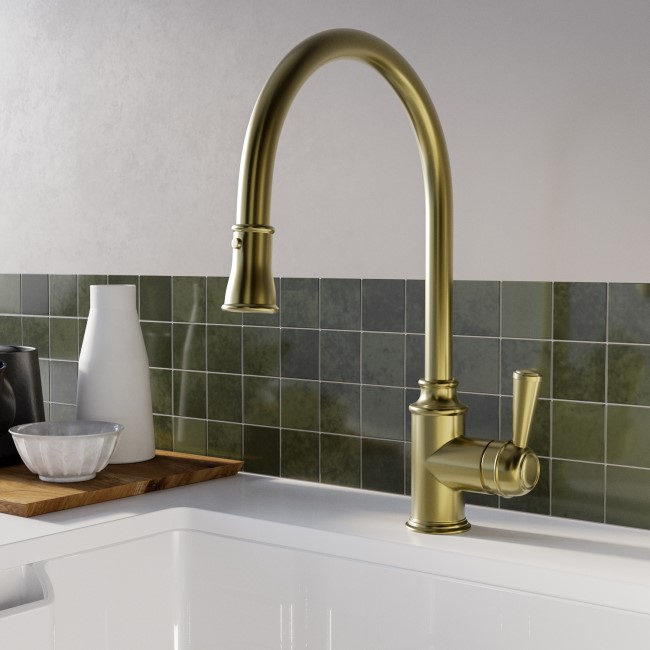 Refurbished Traditional Single Lever Pull Out Brass Kitchen Mixer Tap - Evelyn