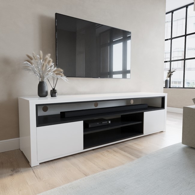 Wide White Gloss TV Stand with Storage - TV's up to 77" - Neo