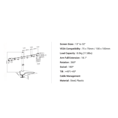 Refurbished electriQ Freestanding Dual monitor arm for 13" - 32"  Monitors