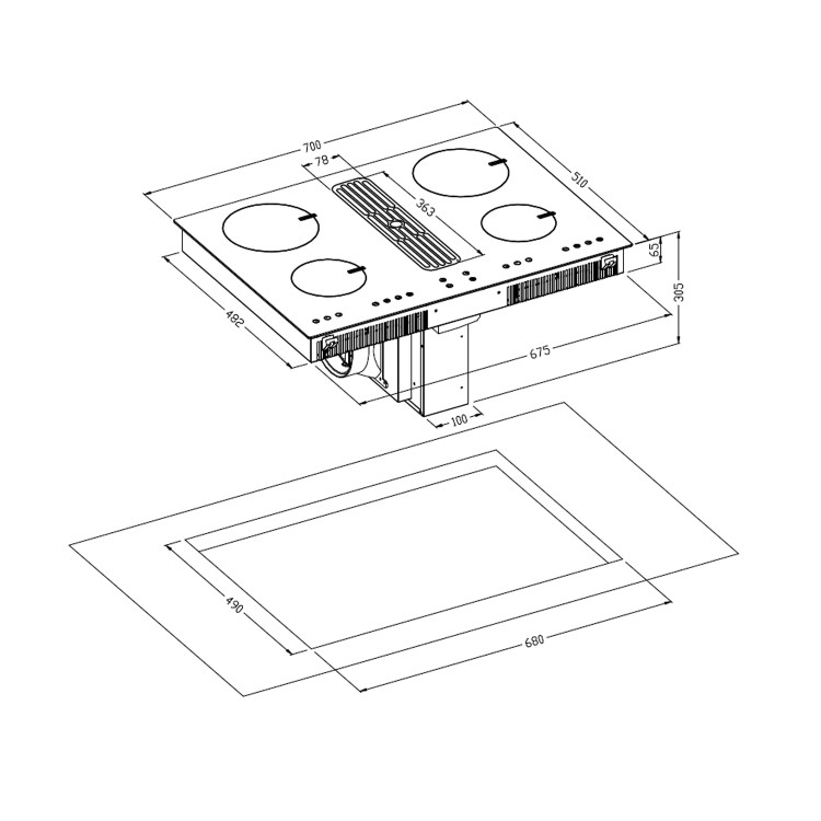 electriQ 70cm Induction Hob with Built In Extractor - 3 Custom Coloured Grills