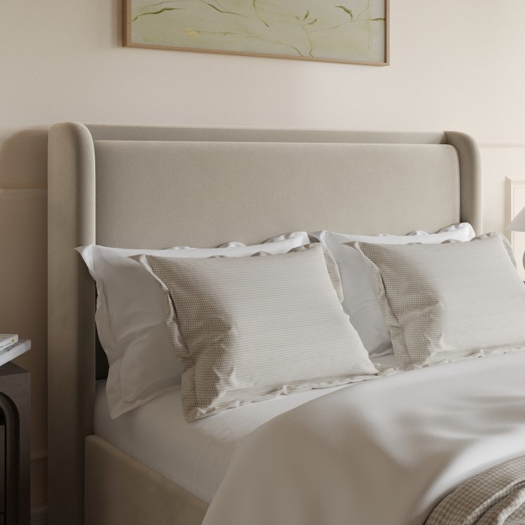 Beige Velvet Double Ottoman Bed with Cushioned Headboard - Frida