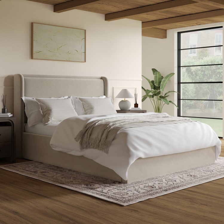 Beige Velvet King Size Ottoman Bed with Cushioned Headboard - Frida