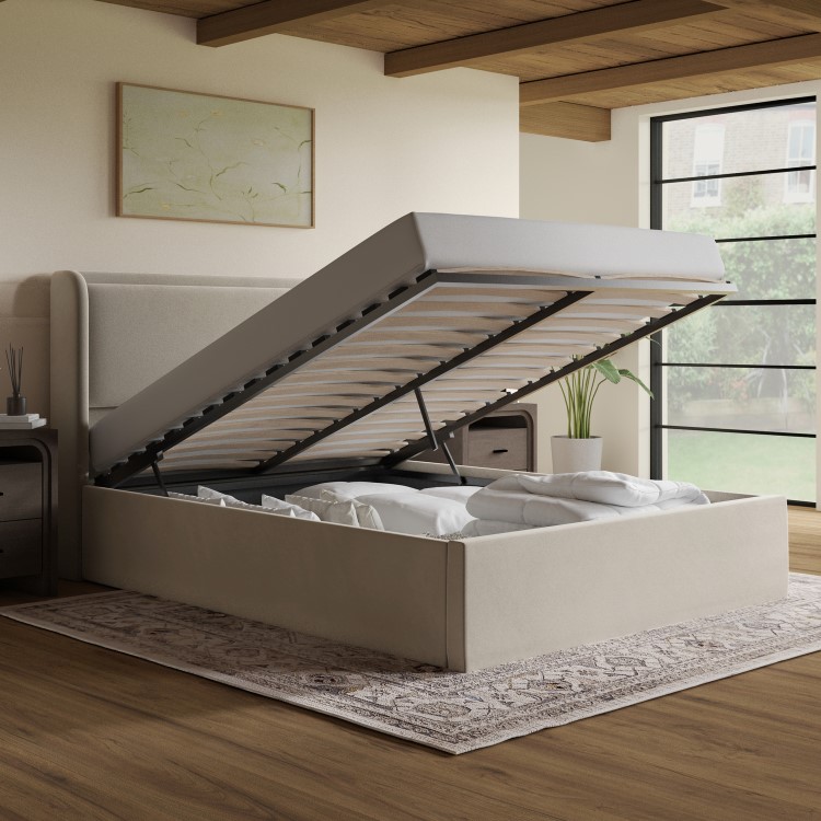 Beige Velvet King Size Ottoman Bed with Cushioned Headboard - Frida