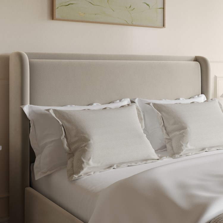 Beige Velvet King Size Ottoman Bed with Cushioned Headboard - Frida