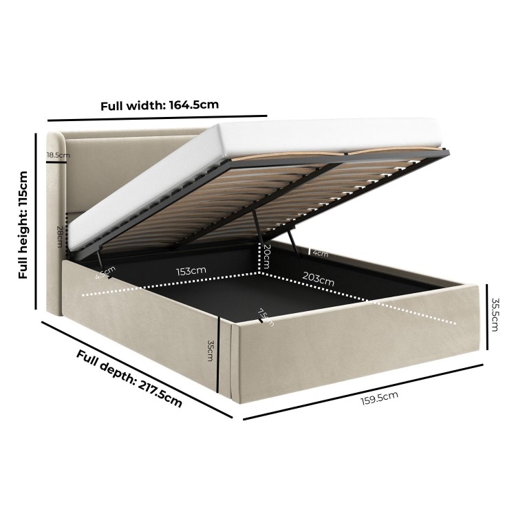 Beige Velvet King Size Ottoman Bed with Cushioned Headboard - Frida