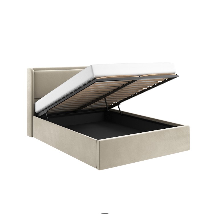 Beige Velvet King Size Ottoman Bed with Cushioned Headboard - Frida