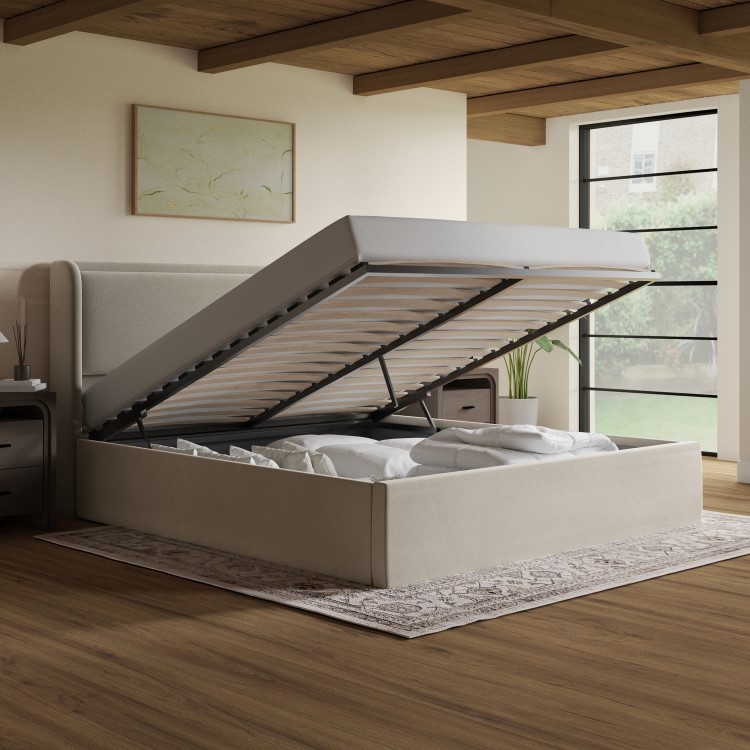 Beige Velvet Super King Ottoman Bed with Cushioned Headboard - Frida