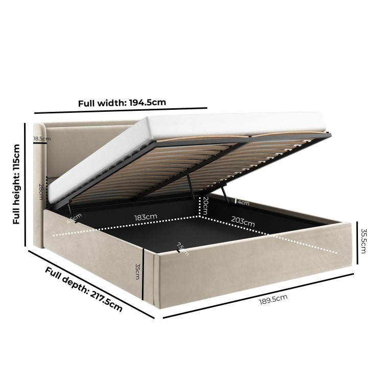 Beige Velvet Super King Ottoman Bed with Cushioned Headboard - Frida