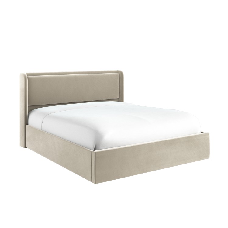 Beige Velvet Super King Ottoman Bed with Cushioned Headboard - Frida