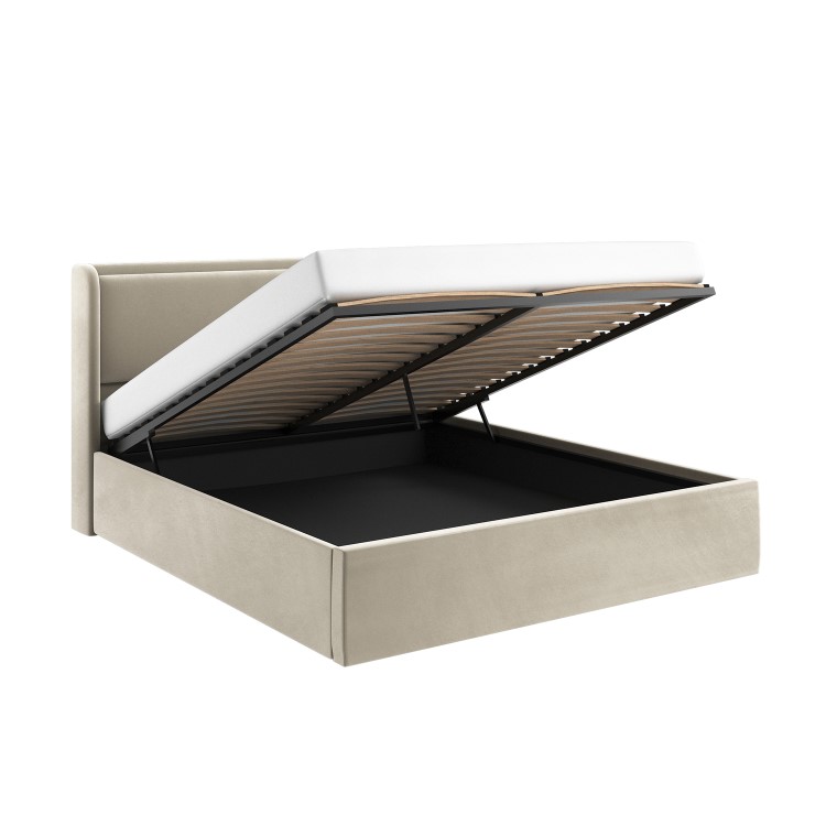 Beige Velvet Super King Ottoman Bed with Cushioned Headboard - Frida