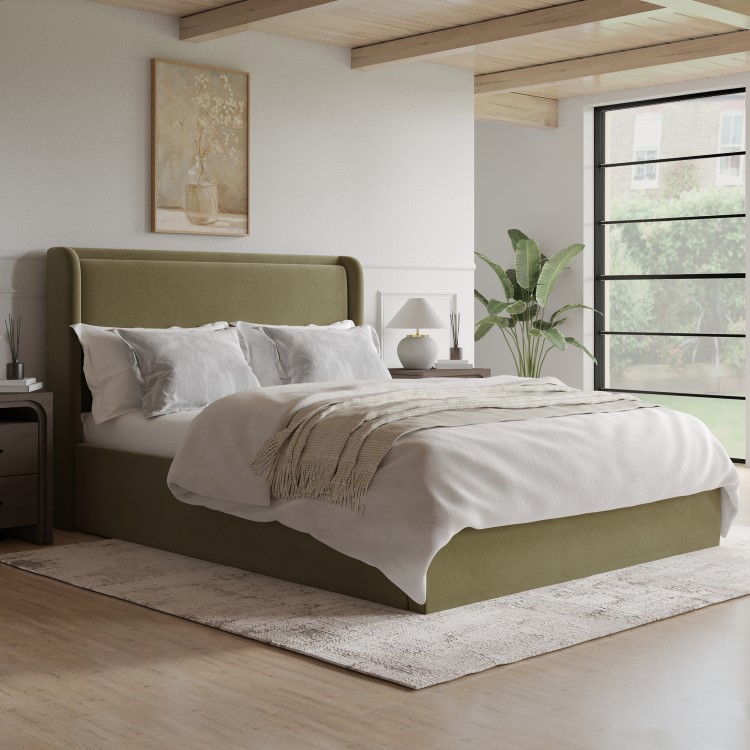 Moss Green Velvet King Size Ottoman Bed with Cushioned Headboard - Frida