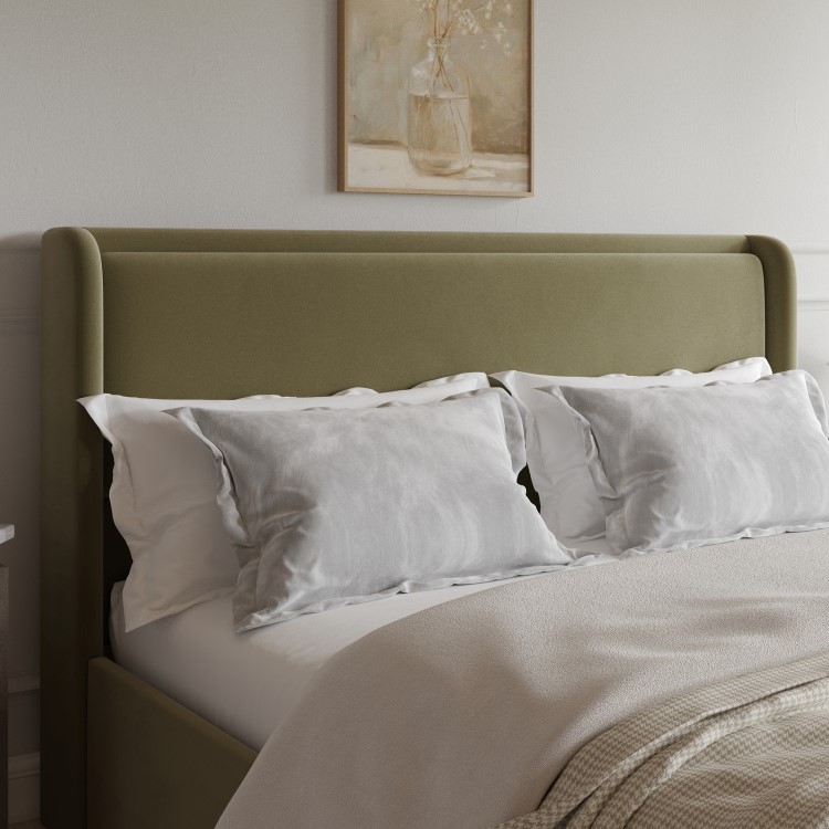 Moss Green Velvet Super King Ottoman Bed with Cushioned Headboard - Frida