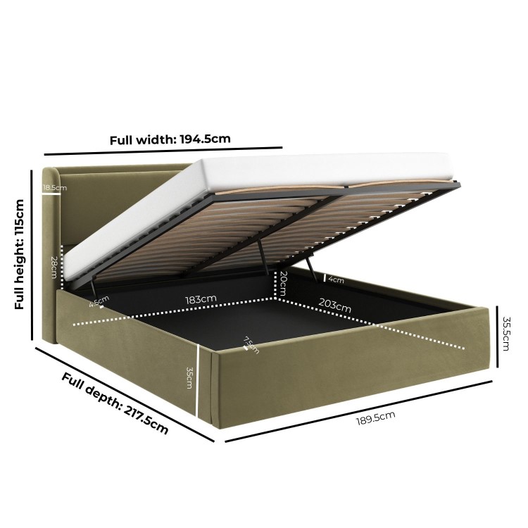 Moss Green Velvet Super King Ottoman Bed with Cushioned Headboard - Frida