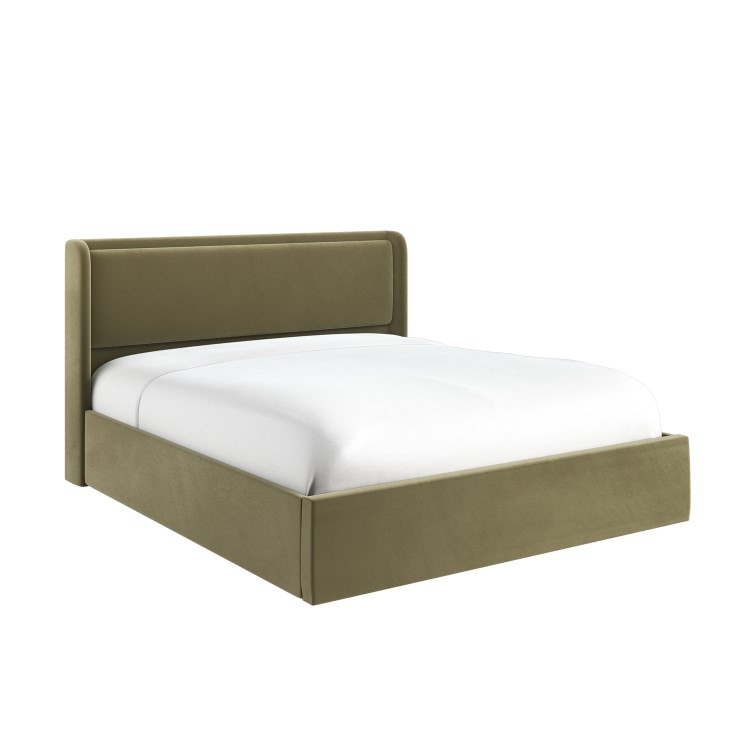 Moss Green Velvet Super King Ottoman Bed with Cushioned Headboard - Frida