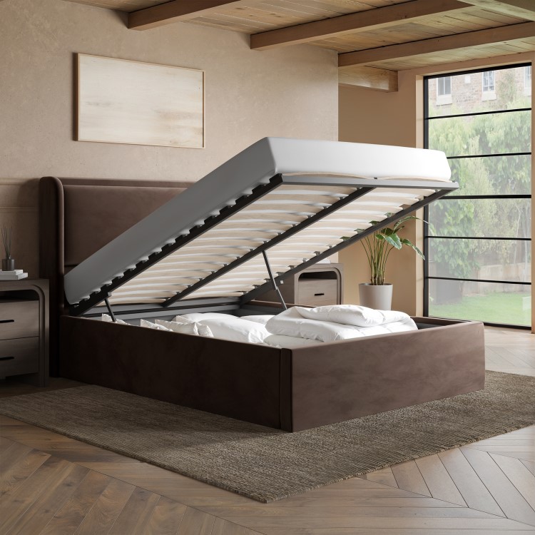 Chocolate Brown Velvet Double Ottoman Bed with Cushioned Headboard - Frida
