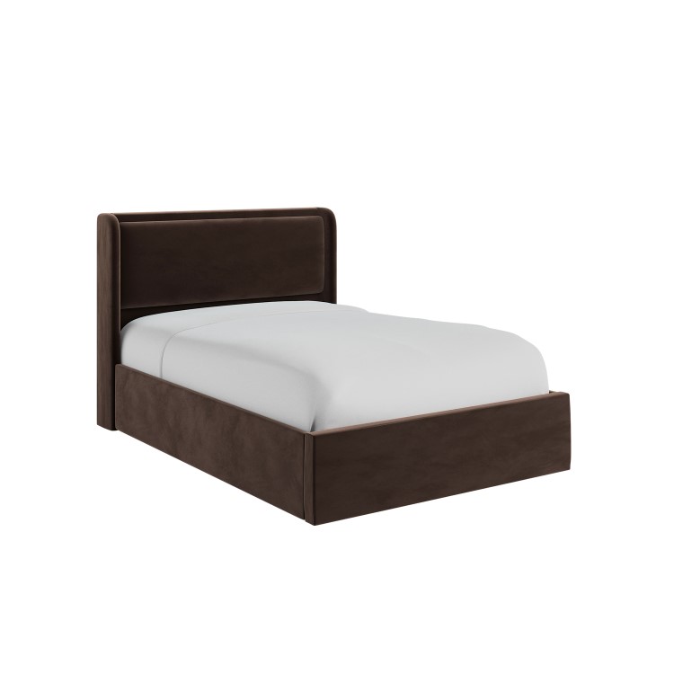 Chocolate Brown Velvet Double Ottoman Bed with Cushioned Headboard - Frida