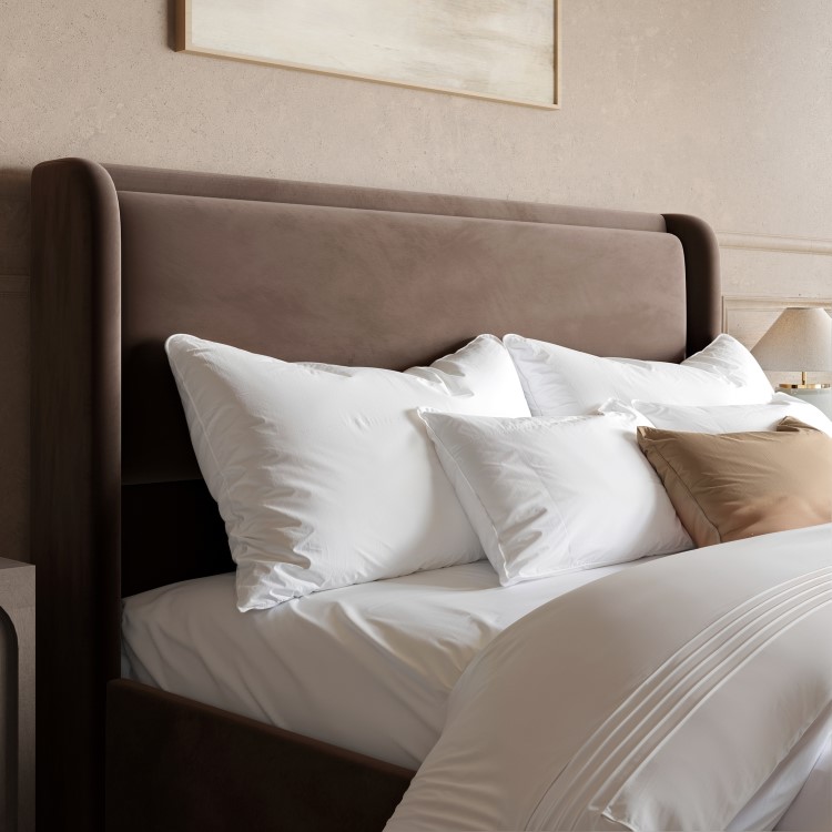 Chocolate Brown Velvet King Size Ottoman Bed with Cushioned Headboard - Frida