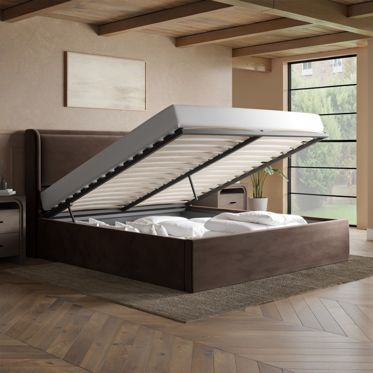 Chocolate Brown Velvet Super King Ottoman Bed with Cushioned Headboard - Frida