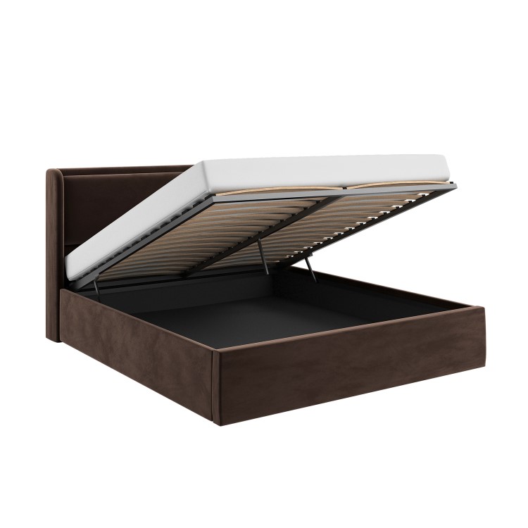 Chocolate Brown Velvet Super King Ottoman Bed with Cushioned Headboard - Frida